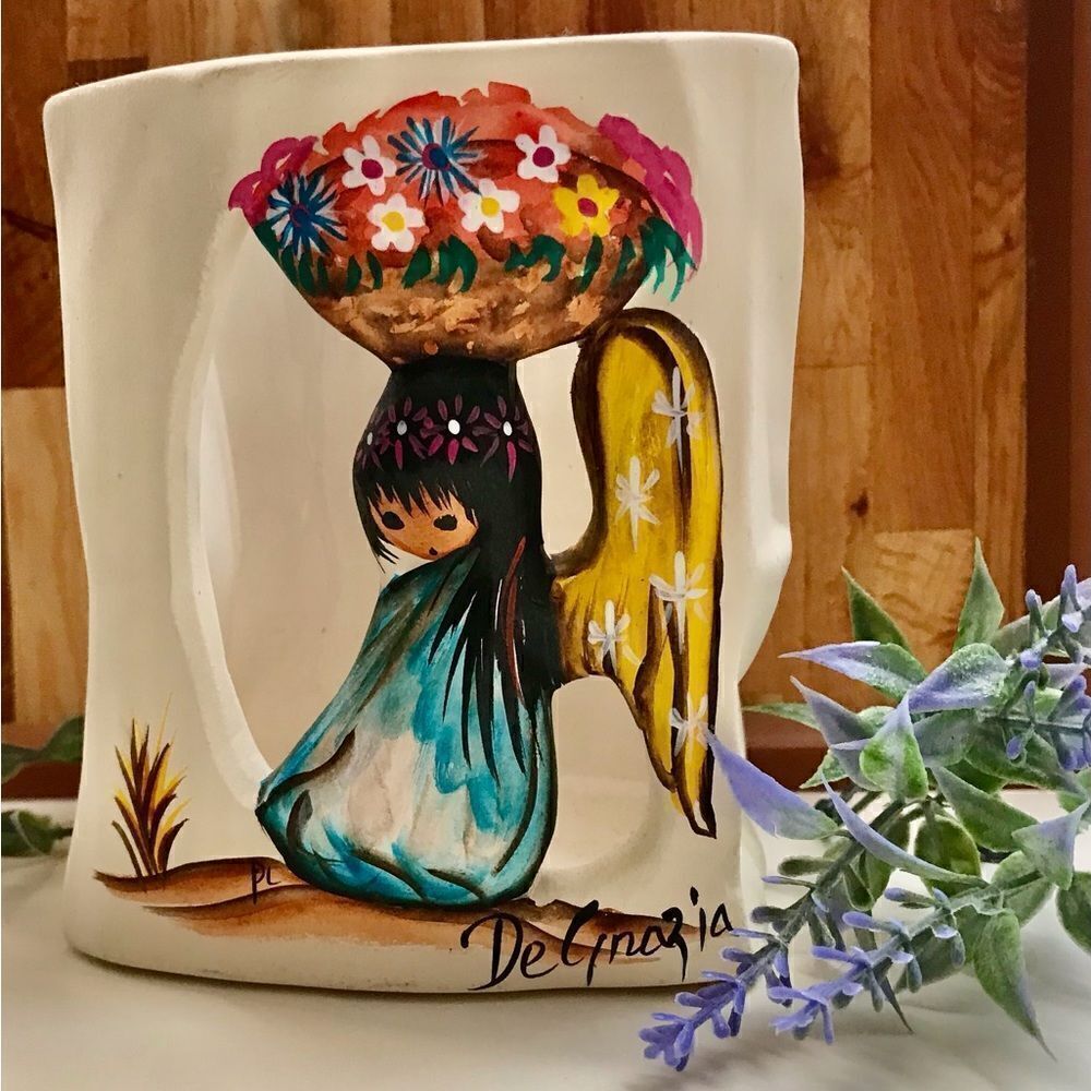 Vintage DeGrazia Hand Painted  Flower Angel Cutout 3D Ceramic Candle Holder